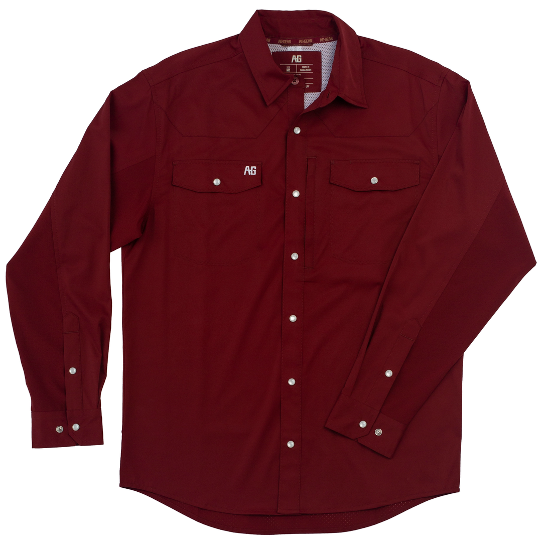 Stockyard Ranch Shirt, Breathable, Pearl Snaps, All Day Comfort, Farm Shirt Maroon / MDT